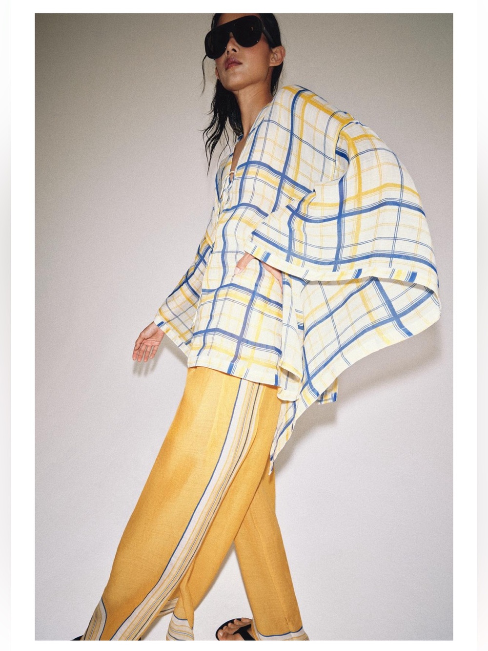 Zara White Plaid Button-Up Top with Yellow and Blue Check